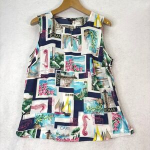 NWT Talbots Multicolor Italy Postcard Print Keyhole Top Womens 1X Coastal Travel